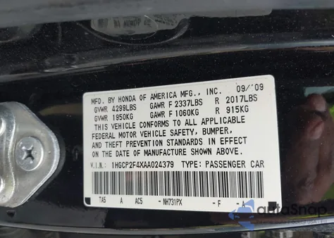 2010 Honda Accord 2.4 Lx-P from USA, damaged, VIN 1HGCP2F4XAA024379